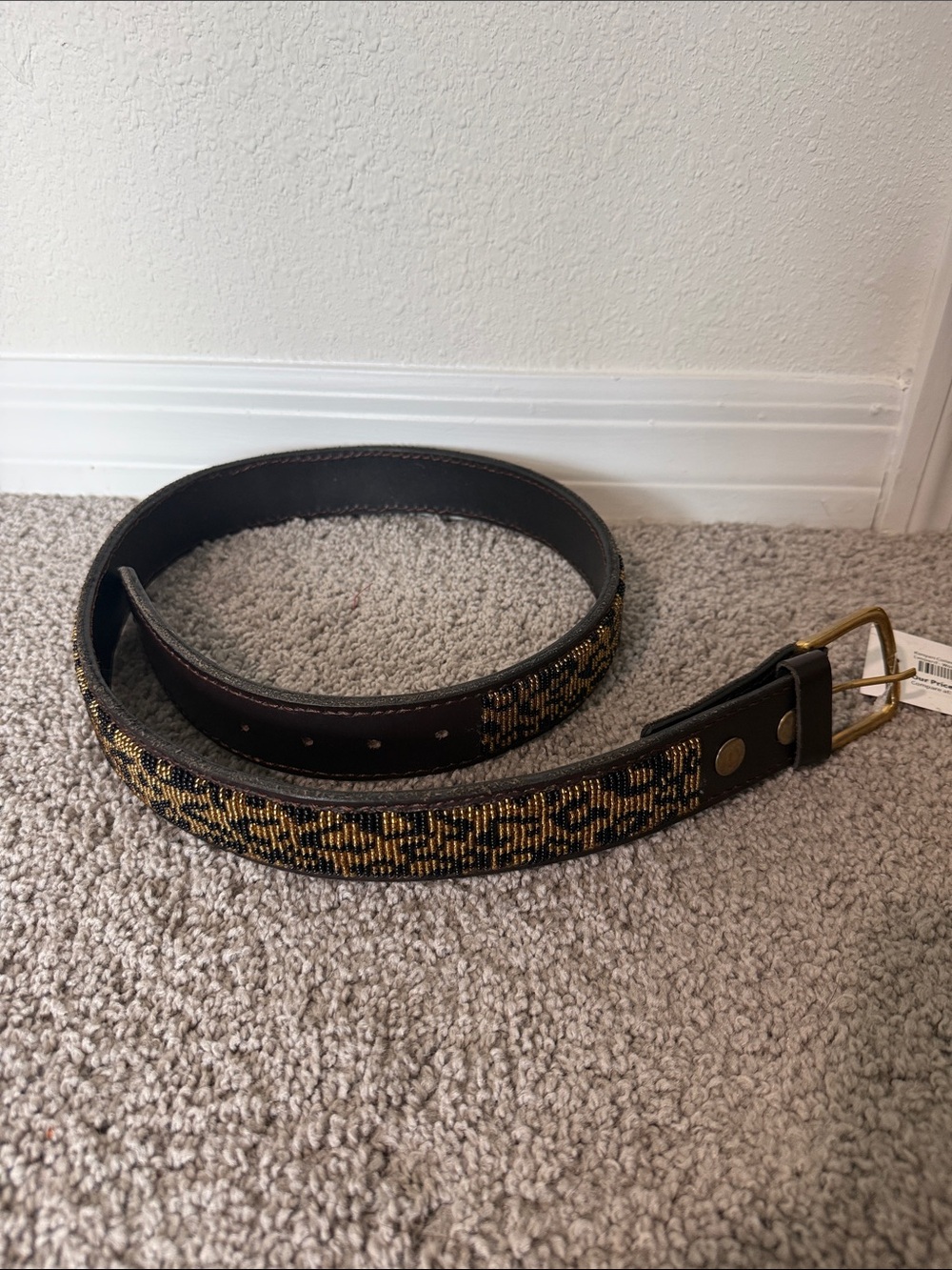 Men's Black Belt with Gold Beaded Leopard Pattern